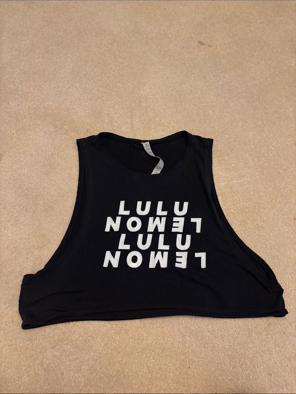 lululemon athletica Black Cropped Muscle Tank with White LULU LEMO Print